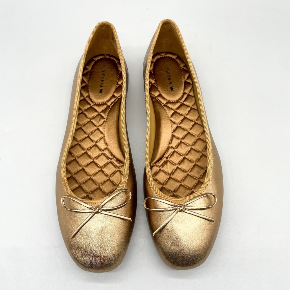 Birdies Womens 9.5 The Hummingbird Ballet Flats Gold Metallic Leather Bow Preppy